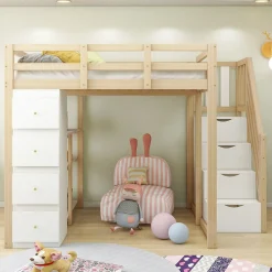 Lit Mezzanine 140x200 cm Ado avec Commode, Étagères et Tiroirs - Échelle Sécurisée Antidérapante - Sans Matelas - Bois Naturel>Okwish Clearance
