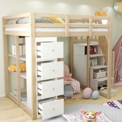 Lit Mezzanine 140x200 cm Ado avec Commode, Étagères et Tiroirs - Échelle Sécurisée Antidérapante - Sans Matelas - Bois Naturel><noscript><img width=