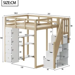 Lit Mezzanine 140x200 cm Ado avec Commode, Étagères et Tiroirs - Échelle Sécurisée Antidérapante - Sans Matelas - Bois Naturel><noscript><img width=