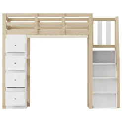 Lit Mezzanine 140x200 cm Ado avec Commode, Étagères et Tiroirs - Échelle Sécurisée Antidérapante - Sans Matelas - Bois Naturel><noscript><img width=
