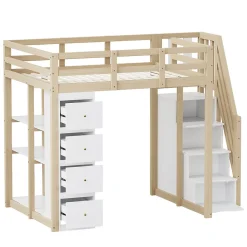 Lit Mezzanine 140x200 cm Ado avec Commode, Étagères et Tiroirs - Échelle Sécurisée Antidérapante - Sans Matelas - Bois Naturel><noscript><img width=