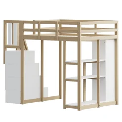 Lit Mezzanine 140x200 cm Ado avec Commode, Étagères et Tiroirs - Échelle Sécurisée Antidérapante - Sans Matelas - Bois Naturel><noscript><img width=