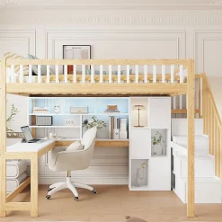Okwish Lit mezzanine 140x200 cm ado double avec bureau intégré, étagères et LED, rangement pratique, pin+MDF blanc+bois naturel* Lit Mezzanine