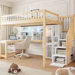 Okwish Lit mezzanine 140x200 cm ado double avec bureau intégré, étagères et LED, rangement pratique, pin+MDF blanc+bois naturel* Lit Mezzanine