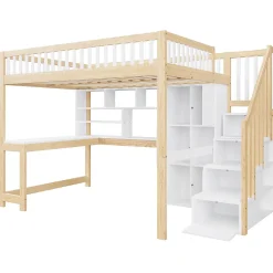 Okwish Lit mezzanine 140x200 cm ado double avec bureau intégré, étagères et LED, rangement pratique, pin+MDF blanc+bois naturel* Lit Mezzanine