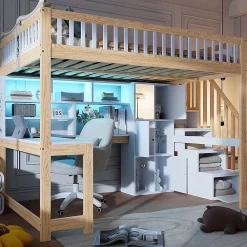 Okwish Lit mezzanine 140x200 cm ado double avec bureau intégré, étagères et LED, rangement pratique, pin+MDF blanc+bois naturel* Lit Mezzanine
