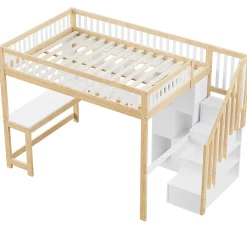 Okwish Lit mezzanine 140x200 cm ado double avec bureau intégré, étagères et LED, rangement pratique, pin+MDF blanc+bois naturel* Lit Mezzanine