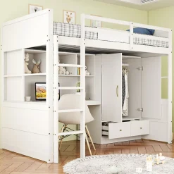 Lit mezzanine 90x200 cm ado/enfant avec bureau et armoire, escalier avec tiroirs, bois MDF+pin blanc, sans matelas>Okwish Outlet