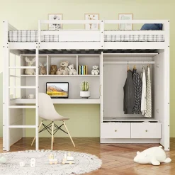 Lit mezzanine 90x200 cm ado/enfant avec bureau et armoire, escalier avec tiroirs, bois MDF+pin blanc, sans matelas>Okwish Outlet