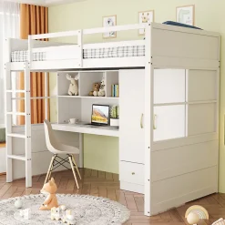 Lit mezzanine 90x200 cm ado/enfant avec bureau et armoire, escalier avec tiroirs, bois MDF+pin blanc, sans matelas><noscript><img width=