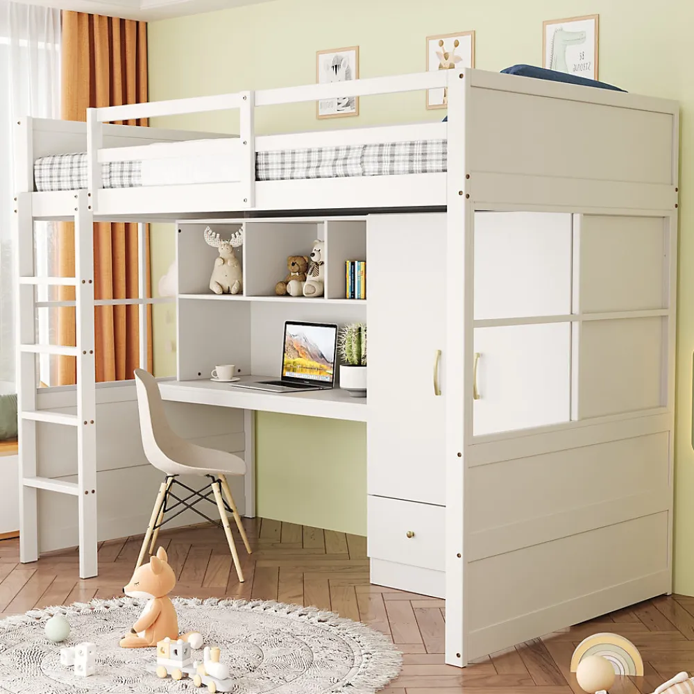 Lit mezzanine 90x200 cm ado/enfant avec bureau et armoire, escalier avec tiroirs, bois MDF+pin blanc, sans matelas>Okwish Outlet