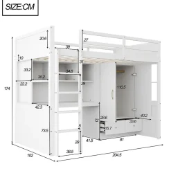 Lit mezzanine 90x200 cm ado/enfant avec bureau et armoire, escalier avec tiroirs, bois MDF+pin blanc, sans matelas><noscript><img width=