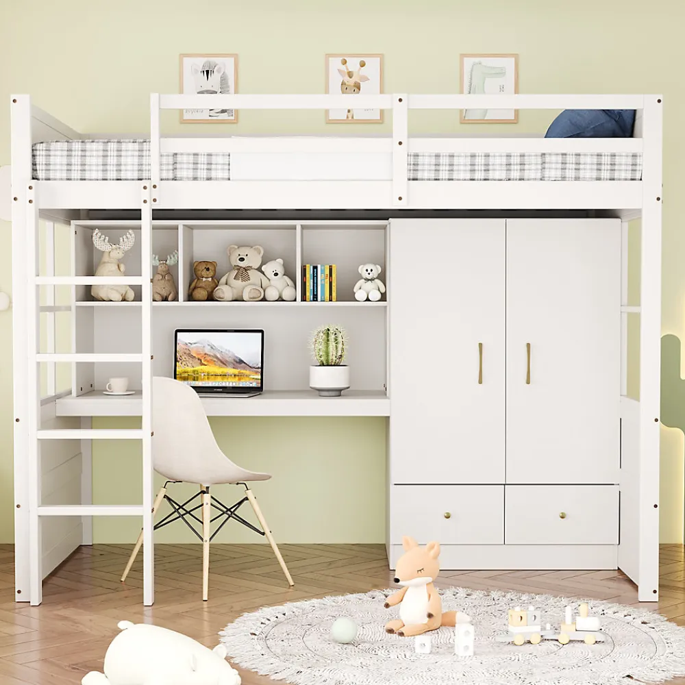 Lit mezzanine 90x200 cm ado/enfant avec bureau et armoire, escalier avec tiroirs, bois MDF+pin blanc, sans matelas>Okwish Outlet