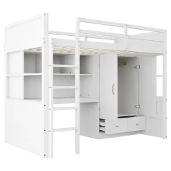Lit mezzanine 90x200 cm ado/enfant avec bureau et armoire, escalier avec tiroirs, bois MDF+pin blanc, sans matelas><noscript><img width=