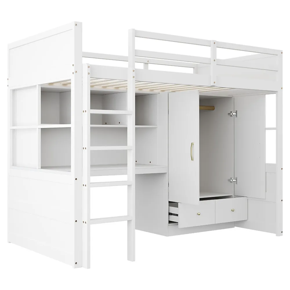 Lit mezzanine 90x200 cm ado/enfant avec bureau et armoire, escalier avec tiroirs, bois MDF+pin blanc, sans matelas>Okwish Outlet