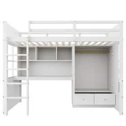 Lit mezzanine 90x200 cm ado/enfant avec bureau et armoire, escalier avec tiroirs, bois MDF+pin blanc, sans matelas><noscript><img width=