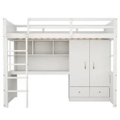 Lit mezzanine 90x200 cm ado/enfant avec bureau et armoire, escalier avec tiroirs, bois MDF+pin blanc, sans matelas><noscript><img width=