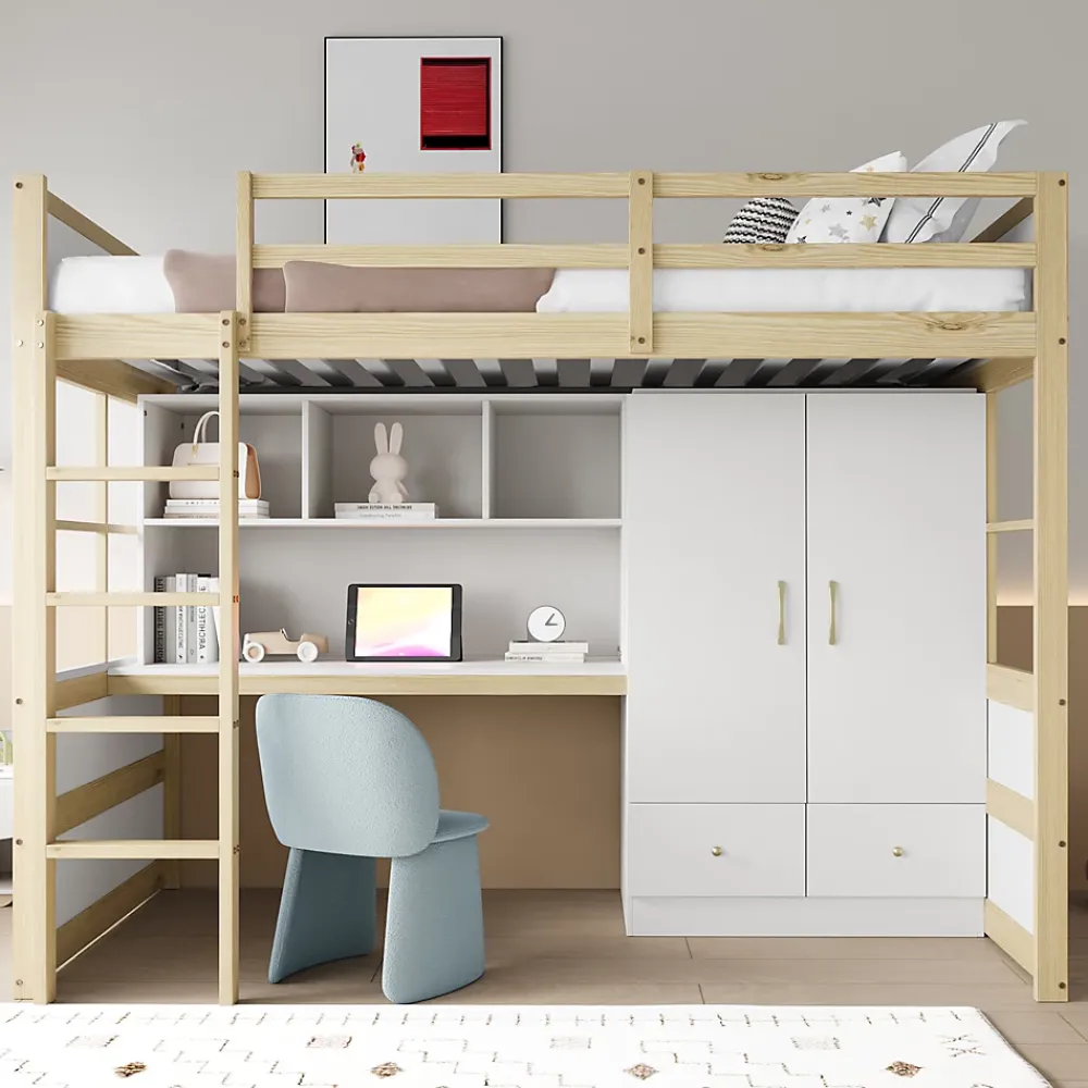 Okwish Lit mezzanine 90x200 cm ado/enfant 1 place avec bureau et armoire, escalier avec tiroirs, bois pin+MDF couleur bois, sans matelas* Lit Mezzanine