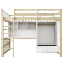 Okwish Lit mezzanine 90x200 cm ado/enfant 1 place avec bureau et armoire, escalier avec tiroirs, bois pin+MDF couleur bois, sans matelas* Lit Mezzanine