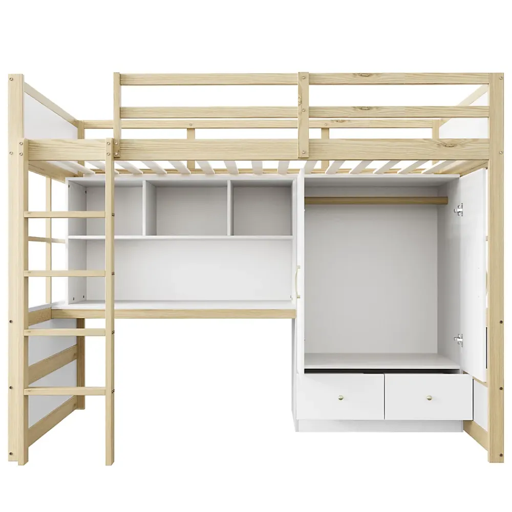 Okwish Lit mezzanine 90x200 cm ado/enfant 1 place avec bureau et armoire, escalier avec tiroirs, bois pin+MDF couleur bois, sans matelas* Lit Mezzanine