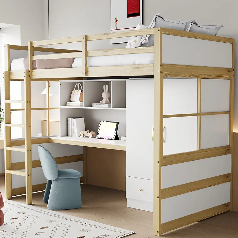 Okwish Lit mezzanine 90x200 cm ado/enfant 1 place avec bureau et armoire, escalier avec tiroirs, bois pin+MDF couleur bois, sans matelas* Lit Mezzanine