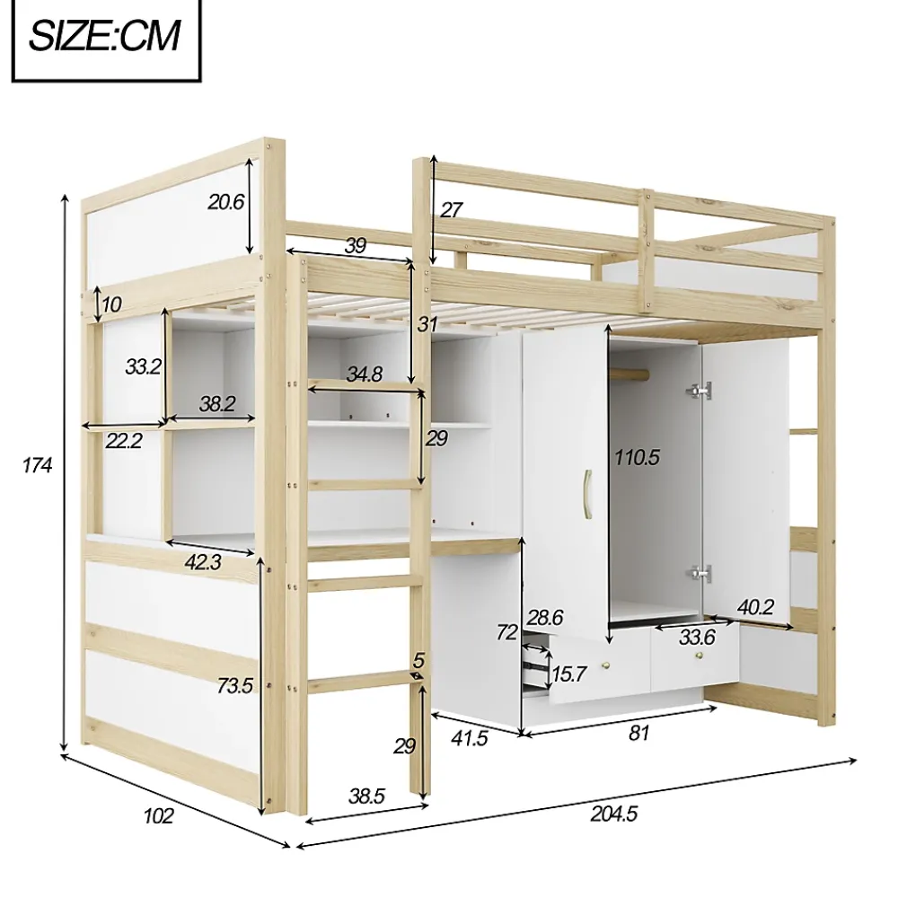 Okwish Lit mezzanine 90x200 cm ado/enfant 1 place avec bureau et armoire, escalier avec tiroirs, bois pin+MDF couleur bois, sans matelas* Lit Mezzanine