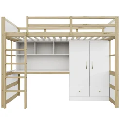 Okwish Lit mezzanine 90x200 cm ado/enfant 1 place avec bureau et armoire, escalier avec tiroirs, bois pin+MDF couleur bois, sans matelas* Lit Mezzanine