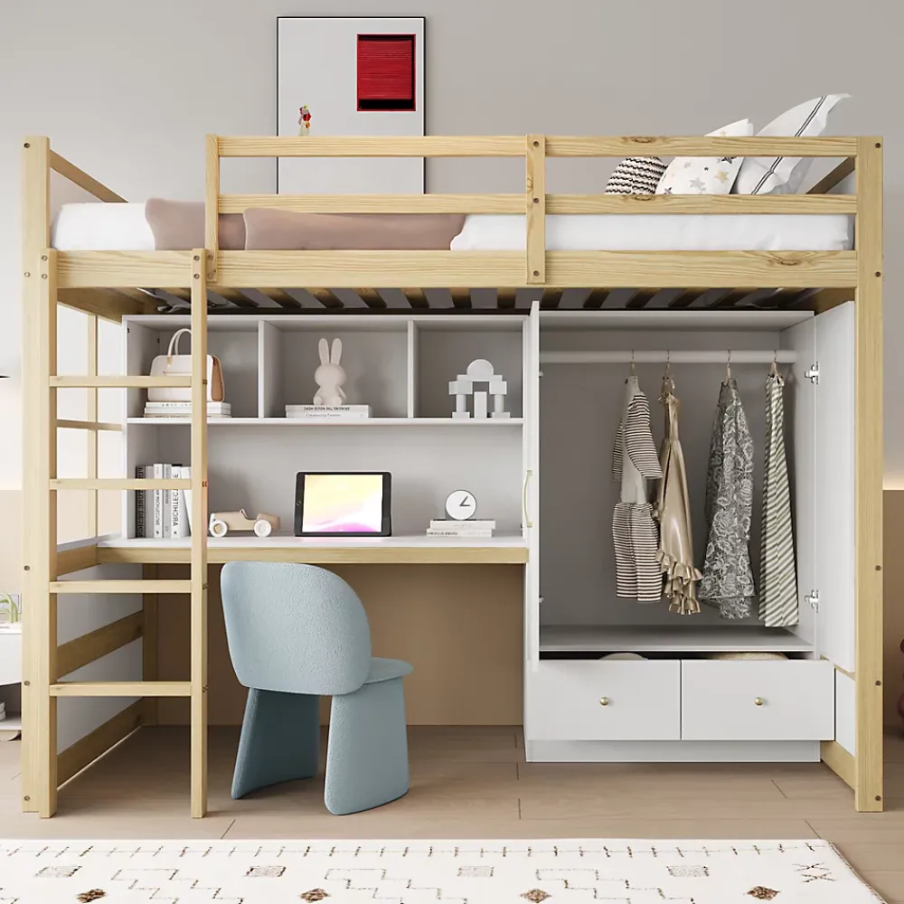 Okwish Lit mezzanine 90x200 cm ado/enfant 1 place avec bureau et armoire, escalier avec tiroirs, bois pin+MDF couleur bois, sans matelas* Lit Mezzanine
