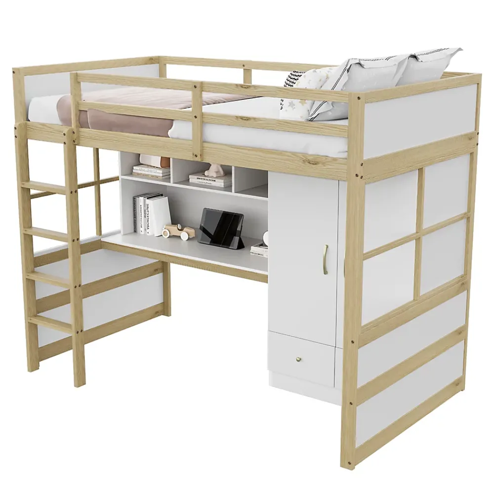 Okwish Lit mezzanine 90x200 cm ado/enfant 1 place avec bureau et armoire, escalier avec tiroirs, bois pin+MDF couleur bois, sans matelas* Lit Mezzanine
