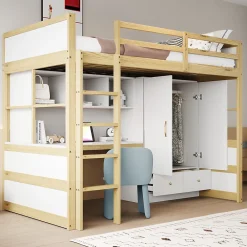 Okwish Lit mezzanine 90x200 cm ado/enfant 1 place avec bureau et armoire, escalier avec tiroirs, bois pin+MDF couleur bois, sans matelas* Lit Mezzanine