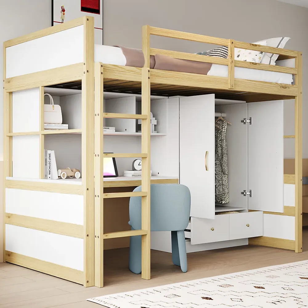 Okwish Lit mezzanine 90x200 cm ado/enfant 1 place avec bureau et armoire, escalier avec tiroirs, bois pin+MDF couleur bois, sans matelas* Lit Mezzanine