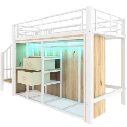Redom Lit mezzanine 90x200 cm avec 2 tiroirs et vestiaire ouvert, LED multicolore, structure métal*Enfant Lit Enfant