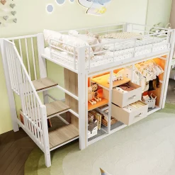 Redom Lit mezzanine 90x200 cm avec 2 tiroirs et vestiaire ouvert, LED multicolore, structure métal*Enfant Lit Enfant