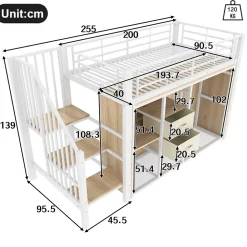 Redom Lit mezzanine 90x200 cm avec 2 tiroirs et vestiaire ouvert, LED multicolore, structure métal*Enfant Lit Enfant