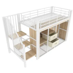 Redom Lit mezzanine 90x200 cm avec 2 tiroirs et vestiaire ouvert, LED multicolore, structure métal*Enfant Lit Enfant