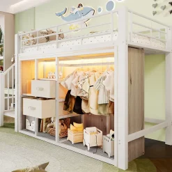 Redom Lit mezzanine 90x200 cm avec 2 tiroirs et vestiaire ouvert, LED multicolore, structure métal*Enfant Lit Enfant