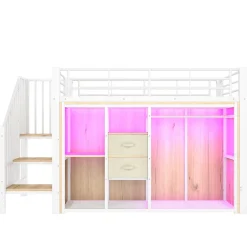 Redom Lit mezzanine 90x200 cm avec 2 tiroirs et vestiaire ouvert, LED multicolore, structure métal*Enfant Lit Enfant