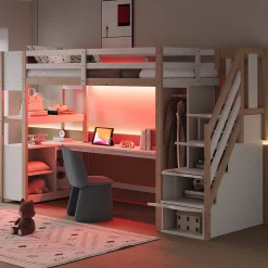 Lit mezzanine 90x200 cm avec armoire et bureau - avec escalier et prises électriques - LED - naturel (sans matelas)>ModernLuxe Clearance