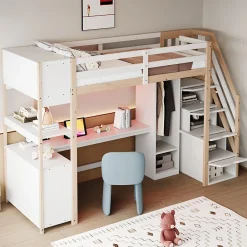 Lit mezzanine 90x200 cm avec armoire et bureau - avec escalier et prises électriques - LED - naturel (sans matelas)><noscript><img width=