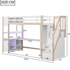 Lit mezzanine 90x200 cm avec armoire et bureau - avec escalier et prises électriques - LED - naturel (sans matelas)><noscript><img width=