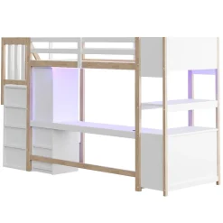 Lit mezzanine 90x200 cm avec armoire et bureau - avec escalier et prises électriques - LED - naturel (sans matelas)><noscript><img width=
