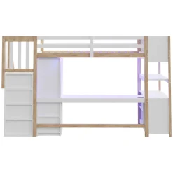 Lit mezzanine 90x200 cm avec armoire et bureau - avec escalier et prises électriques - LED - naturel (sans matelas)><noscript><img width=
