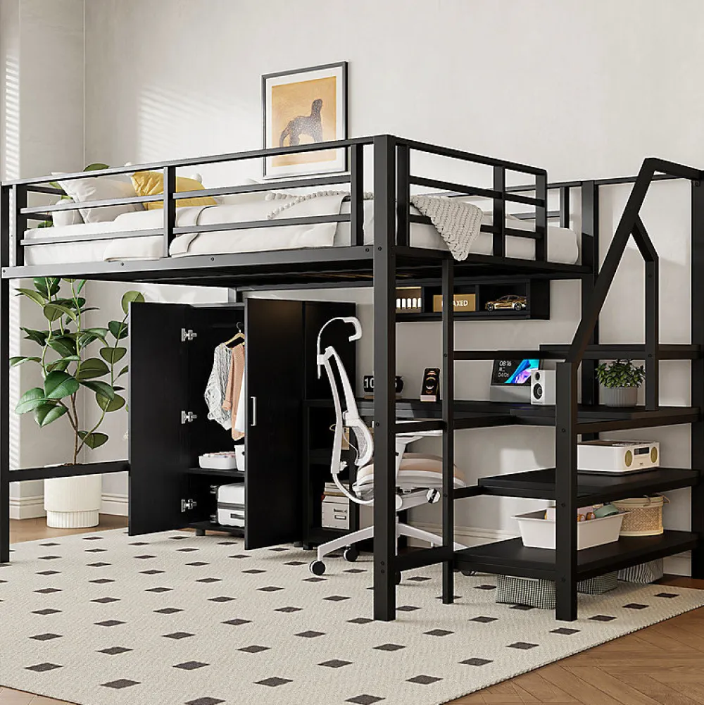 Aapaas Lit mezzanine 140x200 cm avec armoire étagères bureau et échelle noire sans matelas*Enfant Lit Enfant