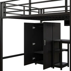 Aapaas Lit mezzanine 140x200 cm avec armoire étagères bureau et échelle noire sans matelas*Enfant Lit Enfant