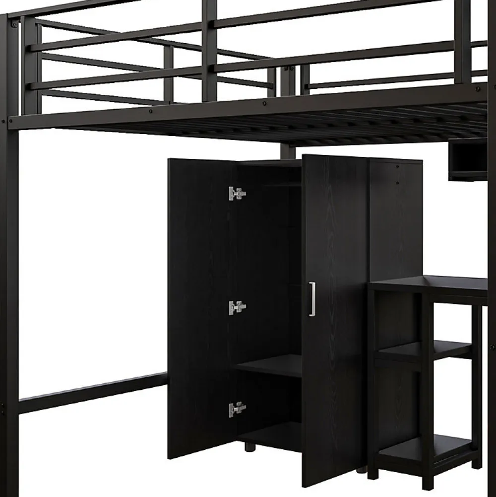 Aapaas Lit mezzanine 140x200 cm avec armoire étagères bureau et échelle noire sans matelas*Enfant Lit Enfant