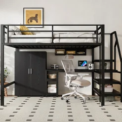 Aapaas Lit mezzanine 140x200 cm avec armoire étagères bureau et échelle noire sans matelas*Enfant Lit Enfant
