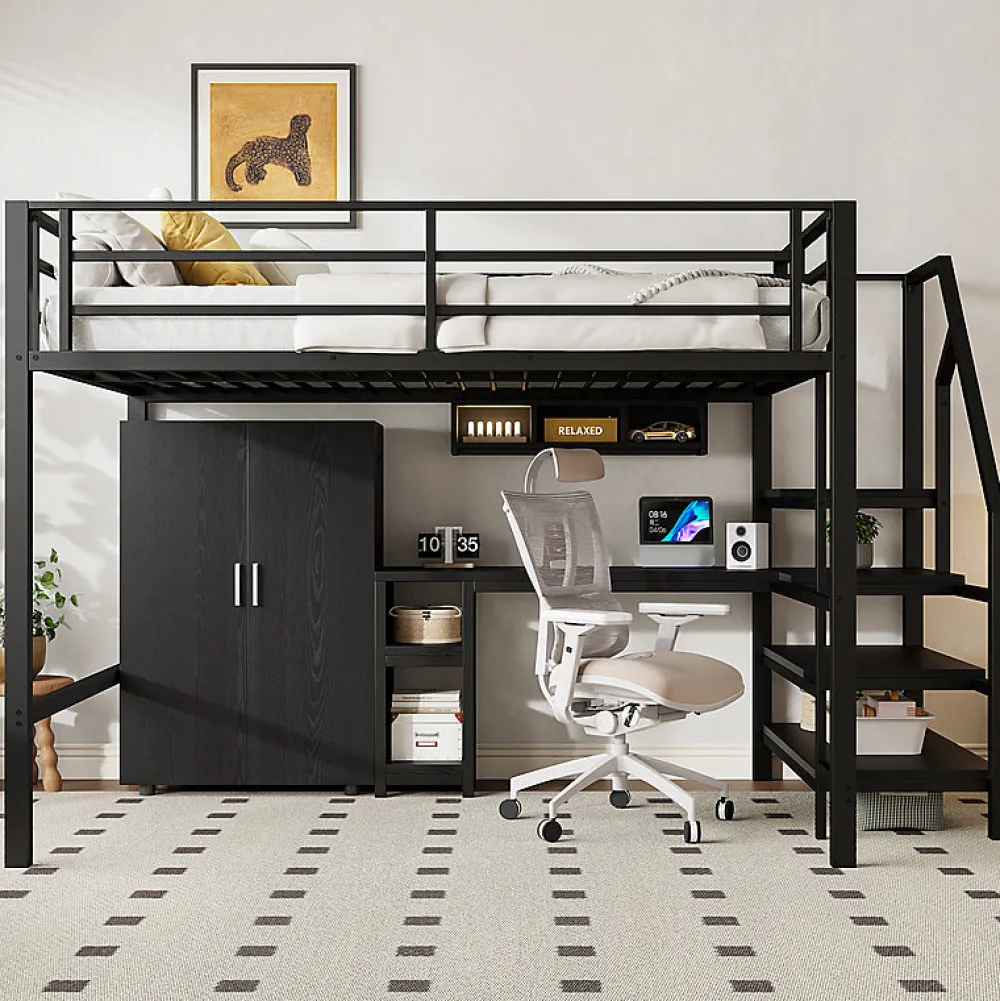 Aapaas Lit mezzanine 140x200 cm avec armoire étagères bureau et échelle noire sans matelas*Enfant Lit Enfant