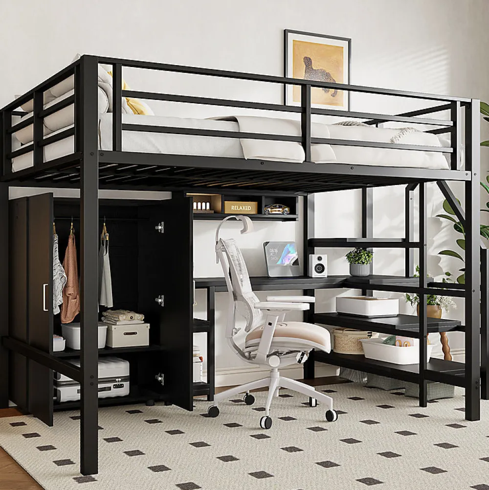 Aapaas Lit mezzanine 140x200 cm avec armoire étagères bureau et échelle noire sans matelas*Enfant Lit Enfant