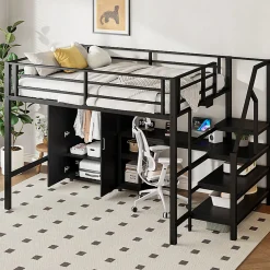 Aapaas Lit mezzanine 140x200 cm avec armoire étagères bureau et échelle noire sans matelas*Enfant Lit Enfant