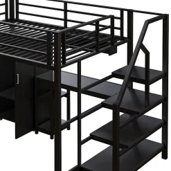Aapaas Lit mezzanine 140x200 cm avec armoire étagères bureau et échelle noire sans matelas*Enfant Lit Enfant